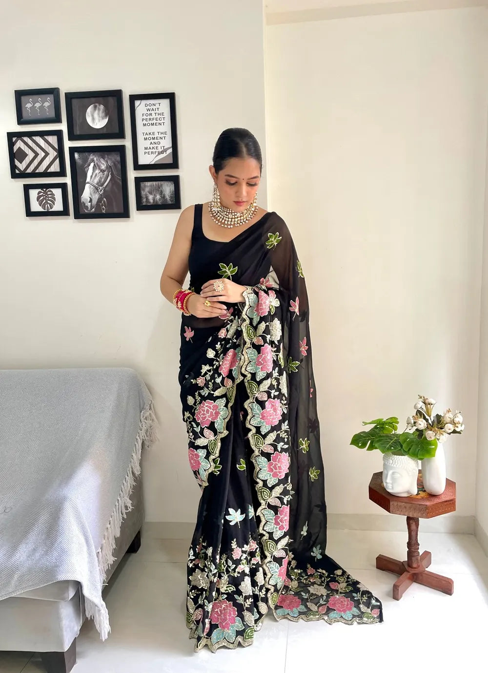 Designer Floral Sequin & Multicolour Embroidered Georgette Saree with Satin Banglori Blouse